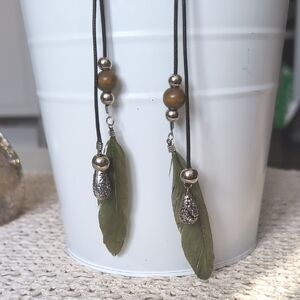 Green Feather Earrings | Boho Dangle Earrings with Silver Beads Nature Style